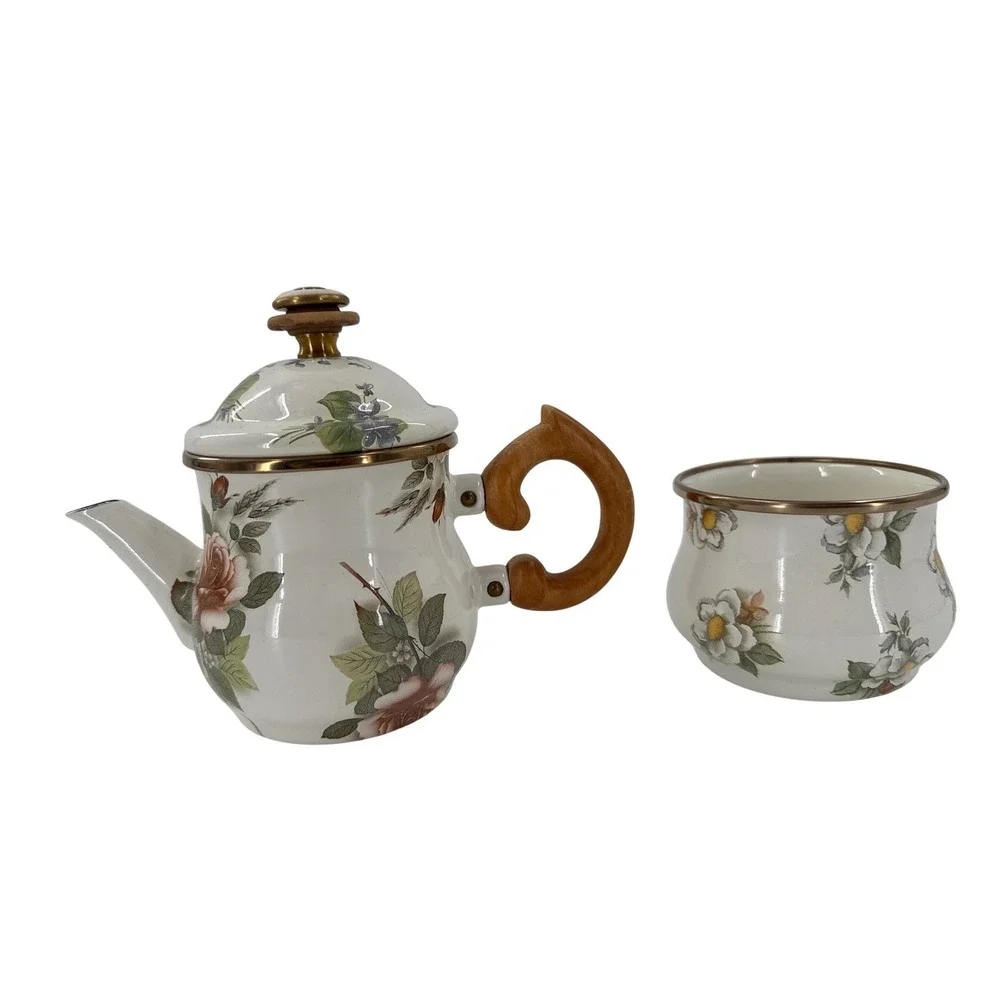 MacKenzie Childs‎ Camp Rose Coffee Pot Sugar Bowl Set Cream Floral Enamel